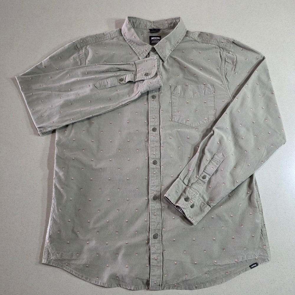 Prana Mens Large Green Geometric Print Standard Fit Long Sleeve Button Down